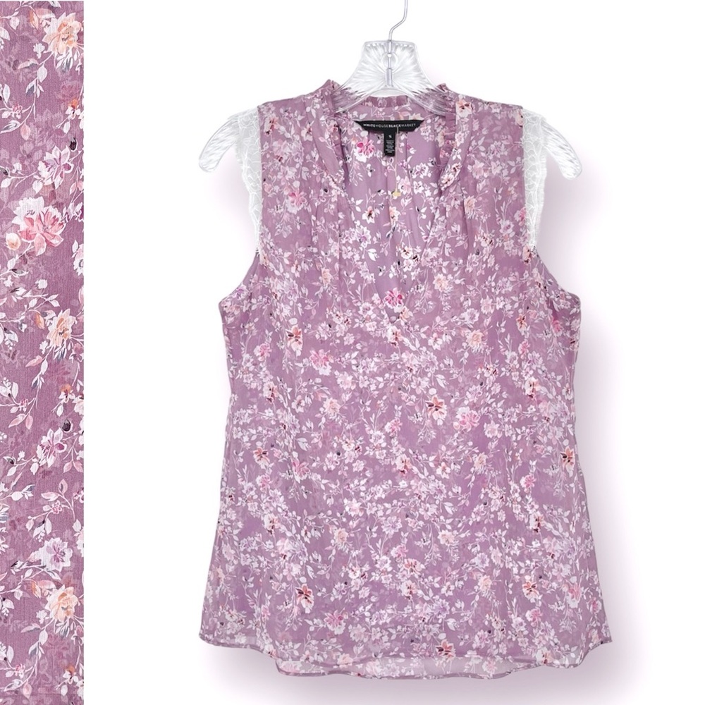 White House Black Market Floral Georgette Lace Blouse Sleeveless Ruffle Accents